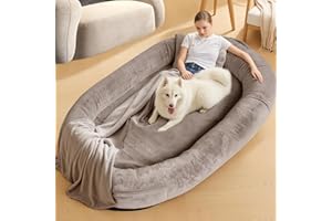 NESTROAD Hundebett für Mensch & Hund,180x114x35cm,waschbarer Kunstfellbezug mit Decke und Kissen,extra großes Sitzsackbett in Menschengröße,Kamel