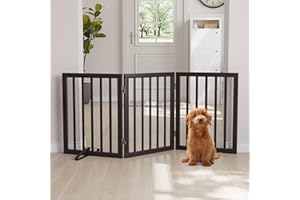 Semiocthome Dog Gates and Barriers Indoor, 3-Panel Freestanding Puppy Gates for The House with 2 Metal Stands, 60cm (H) Folding Pet Gate for Stairs, Doorway Expands Up to 140cm - Espresso
