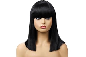 CATMEYE Straight Black Wig with Bangs, Short Bob Heat‑Resistant Synthetic Hair Full Wig for Women & Girls, Adjustable Cap, Fancy Dress Cosplay Party Halloween (Black)