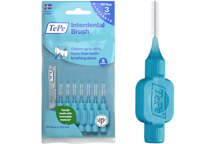 TePe Interdental Brush, Original, Blue, 0.6mm/ISO 3, 8pcs, Plaque Removal, efficient Clean Between the Teeth, Tooth Floss, fo