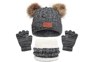 Jarseila Bonnet Écharpe Gants Enfant Fille Hiver Ensemble 3 Pièces pour Bébé Garçon Chaud Tricoté Tour de Cou Polaire Snood Pompon Bonnet 1-5 Ans
