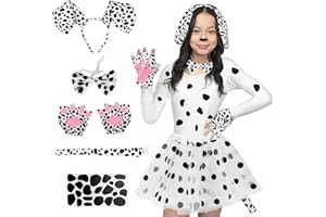 CHMMY Dalmatiner Kostüm cruella devil kostüm Kinder Dalmatiner Ohren Stirnbänder Schwanz Fliege Selbstklebendes Papier Tüllrock Dalmatiner Kostüm Set Halloween Cosplay Kostüm Damen Kinder