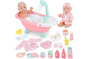 deAO Babydocka med badkar och tillbehör, 30 cm baddocka för flickor