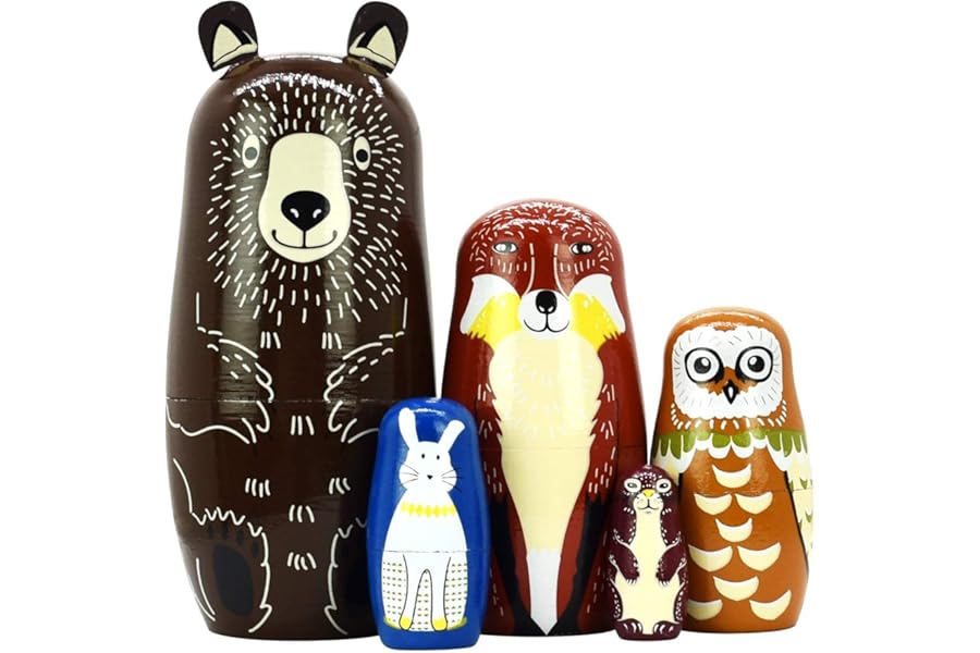 Russian Nesting Dolls- Bear Wooden Matryoshka Dolls for Kids Handmade Cute Cartoon Animals Pattern Nesting Doll Toy Stacking Doll Set of 5