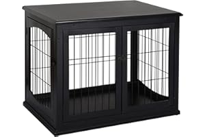 PawHut Jaula para Perros de Madera con Superficie de Mesa 2 Puertas y Rejillas de Metal 81x58,5x66 cm Negro
