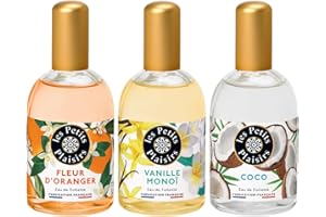 Les Petits Plaisirs - Lot de 3 - Eau de toilette Vanille Monoï, Fleur d’oranger & Coco. Eau de toilette femme, Délicates & Chaleureuses. Made in France.110ml