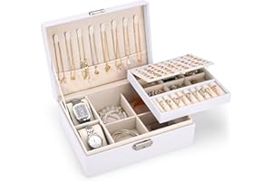 TENXSNUG Joyeros Mujer Organizador Grande, Caja Joyero Organizador de Joyas 2 Capas Cuero PU, Jewelry Organizer Caja Bloqueable Joyero Organizador para Collares Aretes Pulseras Anillos Relojes, Blanco