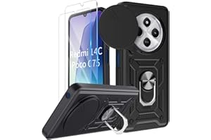 COPIKE Funda Armor para Xiaomi Redmi 14C / Redmi A4 / Poco C75 con 2 Piezas Cristal Templado, Carcasa Antigolpes Cubierta de Cámara Deslizante Proteger con Soporte Giratorio de Anillo, Negro