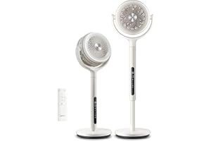 Midea MCF25GRW Ventilatore a Piantana Silenzioso 21db, 135°+120° Omnidirezionale Oscillazione, Motore DC & Doppia Lama, 12 Velocità & 24m Distanza, Timer 15H con Telecomando, Altezza Regolabile