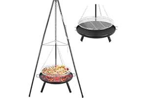 TLSUNNY Brasero Exterieur avec Gril Suspendu, Brasero Exterieur Ø60cm, Gril Pivotant Barbecue, Trépied Brasero Barbecue Suspendu avec Grille, 200 cm Chaîne Réglable en Hauteur et 152cm Trépied