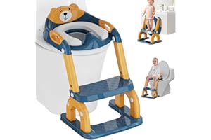 OSKUGLIN Reducteur Toilette Enfant，Pliable Réducteurs De Toilettes Avec Escalier, 2 en 1 Rehausseur Toilette Enfant，Réglable en Hauteur et Portable，Adapté aux Toilettes en Forme de V, U, O (Bleu-Jaune)