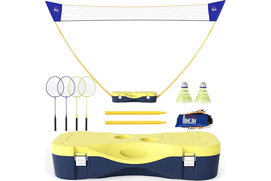 HOMCOM 2.8m Portable Folding Badminton Net Set with 4 Badminton Rackets and 2 Nylon Shuttlecocks, for Adults Kids Indoor Outdoor Exercise Training