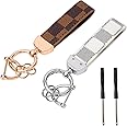 Leather Car Keychain, 2Pcs Stainless Steel Keyring with Anti-Lost D Buckle, Scratch Resistant Key Ring Accessories with 2 Pcs Screwdriver, Ideal for Car, Motorcycle, Bike, House Keys, Brown, White