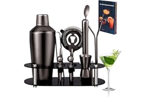 Zanfqvo 700ml Cocktail Shaker, 14-teiliges Cocktail Set mit Ständer & Cocktail Zubehör, Barkeeper Set für Anfänger und Profis, Coctail Mix set perfekt als Geschenke für Männer (Schwarz)