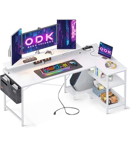 Scrivania Gaming Angolare A L ODK Con Supporto Monitor Integrato - 127x127 Cm, Design Bianco Fibra Di Carbonio, Porta Cuffie