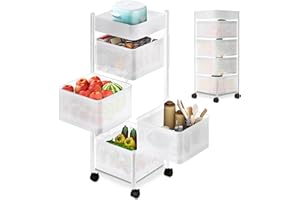 JUPPLIES Carrito Auxiliar con Ruedas - Cesta de Almacenamiento Ahorra Espacio 4 Niveles - Carrito Cocina Giratorio - Estante Cocina, Baño, Estante para Frutas, Verduras, Utensilios - Metalico (Blanco)