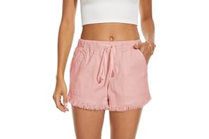 HVEPUO Short d'été, large, pour femmes, en coton et lin, avec ceinture élastique