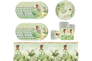 DOYOMTOY 61Stück Princess Tiana Geburtstags Partygeschirr,Prinzessin und Frosch Partyzubehör Pappteller Set, Set einschließlich Tischdecke Teller Becher Servietten zum babyparty,Hochzeiten,Jubiläums(20 Gäste)