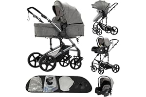 Reenborn Poussette 3 en 1, Poussette Bebe avec Réversible Deux Façons de Pousser, Pousette avec Cadre Aluminium Haute Paysage, Pousette 3 en 1 avec Conception Pliable en Un Clic (588 Grey)