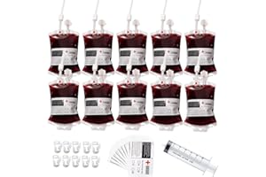 LANKOER Blood Bag, 10 Pack Halloween Blood Drinking Bags, Blood Drinks Container with Syringe Clips Blood Type Sticker, Reusable Blood Pouches for Vampire Party Cups Party Favours, Halloween Costume Props