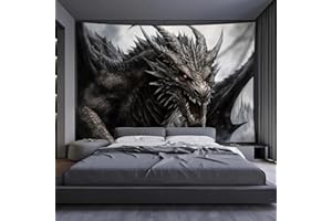 Arsey Dragon Tapestry Wall Hanging with Fiery Eyes, Fantasy Gothic fabric Tapestries, Aesthetic Spiritual Tapestry for room decor men, Grey/Black, 200 x 150 cm