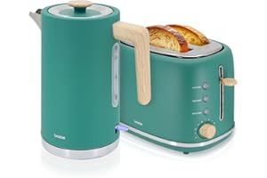 briebe Nordic Ensemble Grille Pain 2 Fentes Tranches Larges, 6 Niveaux de Dorage + Bouilloire Électrique 1,7 L sans Fil, 2200 W, sans BPA, Pack Petit Déjeuner Électroménager, Design Nordique, Vert