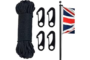 NQ Flag Pole Rope with Flag Pole Clip, 50FT/ 15M Nylon Flag Rope with 4 Pcs Clip Hooks, Flag Halyard Kit, Nylon Cord for Outdoor, Camping, Swing, Clothesline, Garden(Black)