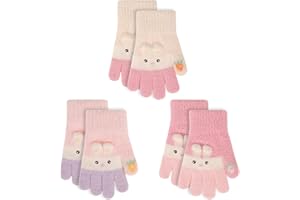 QKURT 3 Pairs Kids Warm Magic Gloves, Children Soft Thermal Gloves Elastic Full Finger Mittens Girls Winter Fleece Mittens Colorful Cozy Knitted Glove with Rabbit Pattern for Daily Warmth, Age 4-10