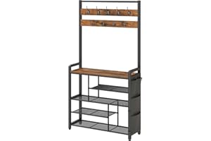 HOOBRO Coat Rack with Shoe Storage, 5 Tier Shoe Rack with Coat Rack, Shoe Storage Organizer with 9 Coat Hooks and 3 Oxford Fabric Side Pockets, Coat and Shoe Rack Hallway, Rustic Brown EBF45MT01