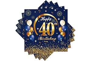 Blue Gold Happy 40th Birthday Napkins, Wentsent 40 Pcs 40th Happy Birthday Party Napkin Disposable, Birthday Serviettes Tissue Cocktail Napkins for Men Women He Her 40th Birthday Table Decorations