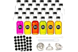 volila Bottiglie di Vetro per liquori, Set con 24 bottigliette da 60 ml, con Mini Imbuto, 48 Sticker tondi per Etichette e Penna in Gesso, vasetti di Vetro per Oli Essenziali, alcolici e bomboniere