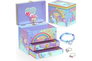 Style Girlz Musical Jewellery Box - Unicorn Jewellery Box For Girls - Large Kids Jewellery Music Box With 2 Pullout Drawers - Includes Unicorn Jewellery Bracelet & Rings - Birthday Gifts For Girls
