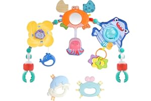 Aila Baby Pram Toys, Baby Arch Pram Play Toys with Rabbit Rattle, Foldable Pram Toys for Babies 0-24 Months, Travel Play Arch Stroller for Bouncers Pram, Stroller, Car Seat, Crib- Crab