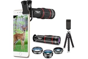 Apexel Handy-Kamera-Objektiv-Set, 18x Teleobjektiv/Weitwinkel- und Makro-Objektiv/Fischaugen/Kaleidoskop-Objektiv/Sternfilter mit Fernauslöser-Stativ für Phone