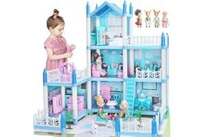 GIRLDIARY Doll Houses for Girls, Playhouse 3-Story 6 Rooms with 4 Dolls & Furniture Accessories & Flashing Lights, Princess Doll House Toy Toddler Birthday Gift for 3 4 5 6 7 8 Year Old