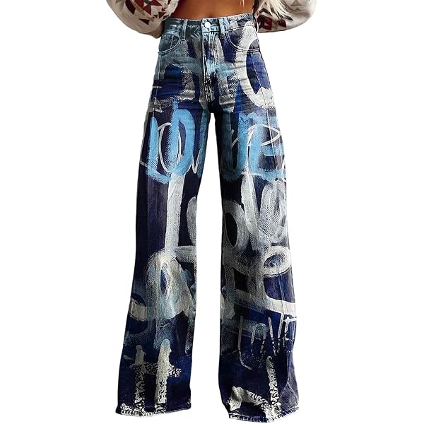 Jeans Donna Gamba Larga Elasticizzati - Denim Stampa Block Color - Vintage Baggy Hip Hop - Streetwear Anni 90 - Pantaloni Casual