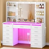 TEENFON Makeup Vanity with LED Mirror, 3 Color Lighting, Adjustable Brightness, Makeup Table with Glass Surface, RGB, 11 Draw