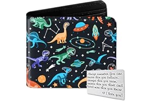Qoibraze Kids Wallet for Boys Teen, Cool Boy Wallet for Kids Age 6-8 9-12 12-14, Funny Bifold Leather Purse, Small Wallets with Coin Pocket for Childrens Birthday Christmas Gifts (Dinosaur-Space)