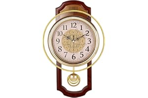 QTQHOME Antique Pendulum Wall Clock, Simulate Wood Grain Vintage Texture, Non Ticking Silent Sweep Movement, Retro Classic Style, Plastic Frame with ABS Glass