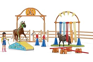 schleich FARM WORLD | Zestaw startowy z torem przeszkód dla kucyków 42481 | Zestaw z 2 kucykami, dziewczynką, przeszkodami i akcesoriami | Zabawka farma dla dzieci od 3 lat | 41 elementów