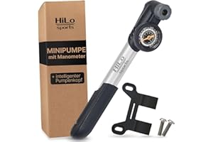 HiLo sports Fahrradpumpe klein für alle Ventile - [Intelligenter Pumpenkopf] - Automatischer Ventil Wechsel - 8 Bar Barometer