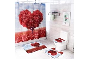 Enhome Juego de 4 Piezas de Alfombra de baño Antideslizante + Tapa de Inodoro + Alfombrilla de baño + Cortina de Ducha, Estampado Floral (Árbol de Amor)
