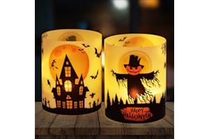 QIURUYUE 12 Windlicht Tischdeko Halloween Deko Tisch, Fledermaus/Hexe/Spinnennetz Outdoor Indoor Garten, Kinder Geburtstag Party Set, für Teelichter oder Kerzen