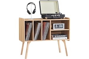 LELELINKY Natürlich Plattenspieler Ständer mit 4 Schrank hält bis zu 220 Alben, große Plattenspieler Ständer mit Soild Holz Beine, Mid-Century Plattenspieler Tisch