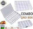 Bulfyss Jianhua Plastic Jewelry Case Organizer with Adjustable Dividers 15/24/36 Grid, Transparent(Pack of 3)