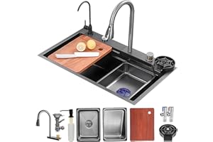 KOOGIMDDR 65x50cm lavello da cucina multifunzione, Lavello da cascata nero con Rubinetto Estraibile, lavello da cucina multifunzione con Dispenser di Sapone, sifone e Set di Drenaggio e vari accessor