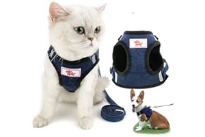Zunea Ensemble Harnais et Laisse pour Chat Petit Chien Anti-Fuite Réglable Réfléchissant en Maille Souple Rembourrée en Velours Côtelé Harnais Gilet pour Chatons Chiots Chihuahua Yorkshire Bleu S