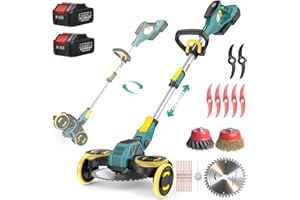 Traumheim Desbrozadora con batería, 5 en 1 con cepillo de malas hierbas/ruedas, 21 V/2 x 4,0 Ah, desbrozadora sin escobillas, 750 W, desbrozadora con batería para césped, jardín, patio