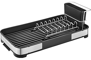 SONGMICS Mała suszarka do naczyń, suszarka do naczyń do zlewu, kratka ociekowa ze stali nierdzewnej, uchwyt na sztućce, nierdzewny uchwyt na kubek, srebrno-czarny KCS034B01