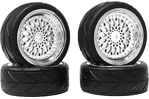 KINGCOO RC Car Tyres and Wheels Set, 4PCS 64mm Rubber Tires and Plastic Plating Wheel Rims Set 12mm Hex for 1/10 RC On Road Run-flating Touring Racing Drift Car Tyre(Silver)